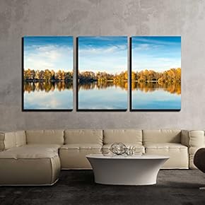 3 Piece Canvas Wall Art - Picture of a Lake and Trees with Colorful Leaves on an Evening in Autumn in Bavaria - Modern Home Art Stretched and Framed Ready to Hang - 16"x24"x3 Panels