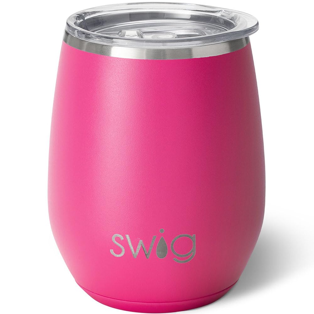 Swig Life 14oz Stemless Wine Cup, Insulated Wine Tumbler with Lid, Stainless Steel Travel Tumbler (Hot Pink)