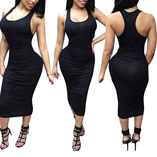 Dora Bridal Womens Tank Sleeveless Slim Bodycon Pencil Midi Tight Dress, Black, Small
