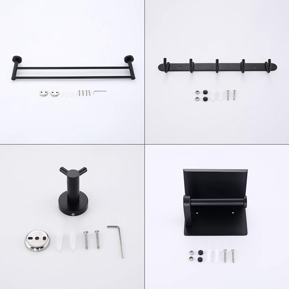 Iriber Bathroom Hardware Round Matte Black Double Bath Towel Bar Rack Shelf Caddy Accessory Set,Stainless Steel Coat Rack with 5 Scroll Hooks,Toilet Paper Holder,Robe Hook Wall Mounted,4-Piece: Home & Kitchen