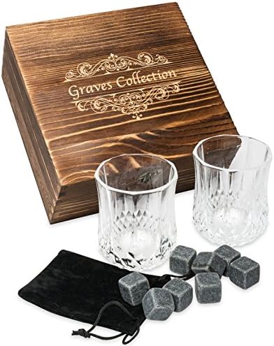 Whiskey Stones Set with 2 Large (7oz) Crystal Whiskey Glasses – Whiskey Set in Handmade Box includes 8 Granite Chilling Stones and Velvet Bag Whiskey Gifts Father's Day Gift