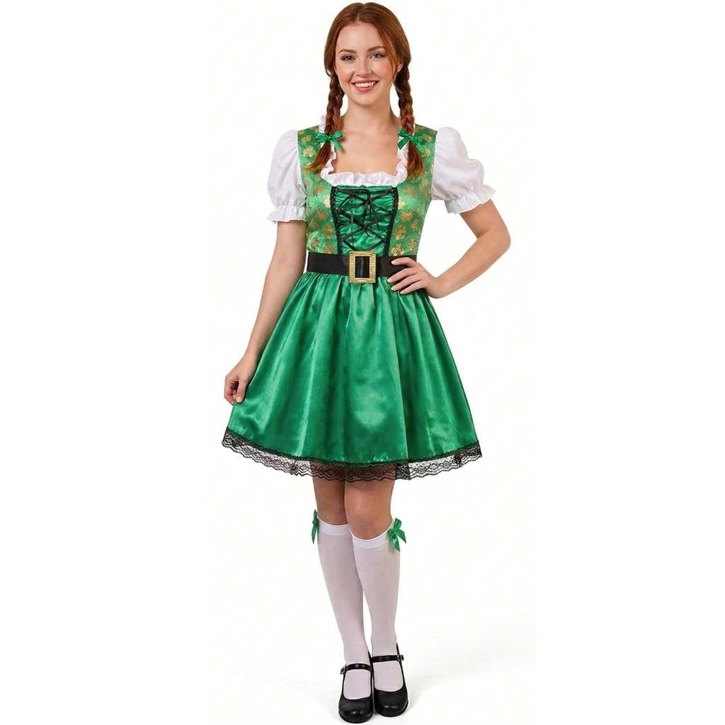 Ladies St Patricks Day Shamrock Dress Green Irish Fancy Dress Costume with Corset Belt Adult Leprechaun Outfit Rugby Football Supporter Party Costume