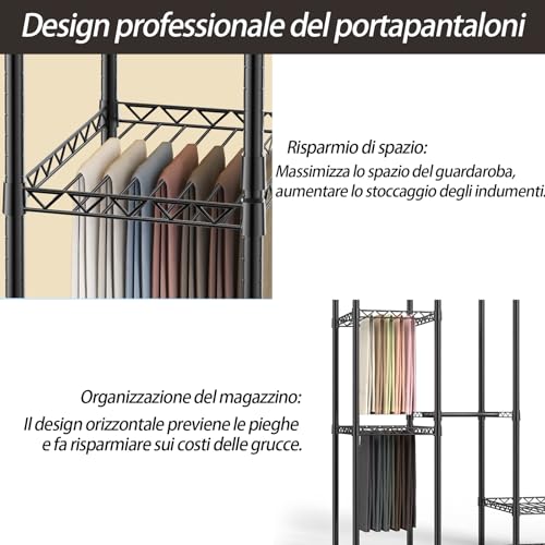 AQRA Metal Coat Stand, Adjustable Shelf Height, Large Capacity Wardrobe, 4 Assembly Methods, for Hanging Clothes, Storage, 193.5W×43.5D×195H (Black)