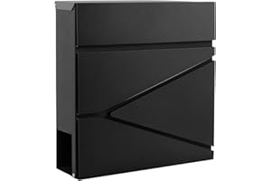 YOOBOX Wall-Mount Mailbox for House Outside, Security Key Drop Box with Lock and Keys, Steel Metal Mail Box with Newspaper Compartment, 14.57 x 14.57 x 4.33 Inch, Black, MD021 X-Large