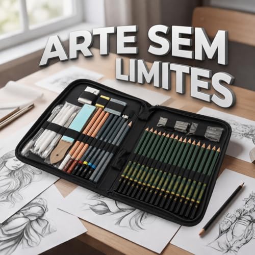Kit Lapis de Desenho Profissional 42 Peças com Estojo Portátil, Lapis Grafite Profissional, Borrachas, Estilete e Acessórios para Artistas e Estudantes Linha Super Premium