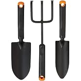 Fiskars 3-Piece Garden Tool Set with Trowel, Transplanter &amp; Cultivator | Rust-Resistant Steel Heads, Ergonomic Handles for Planting, Digging, and Aerating Soil