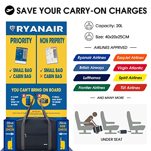 WANDF Ryanair Handbag 40 x 30 x 20, Foldable Small Sports Bag for Airplane, Weekend Travel Bag Unisex Men and Women (Blue 24L)