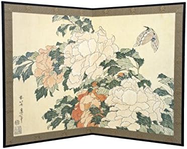Kataoka Byabu Shop Japanese foldable screen Byobu - Peonies and Butterfly by Hokusai 15"×11"