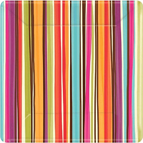 Amscan Disposable Square Dessert Plates in Stylish Stripes Print (8 Pack), 7 x 7, Multicolor