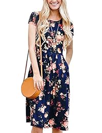 ECOWISH - Vestido de verano para mujer, manga corta, cintura elástica, estilo retro, con bolsillos