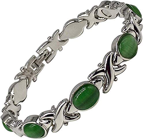 Helena Rose Ladies Magnetic Bracelet for Women - Green Cats Eye Semi Precious Stones - Fits Wrists Up to 18.5cm Adjustable Size - Includes Jewellery Gift Box