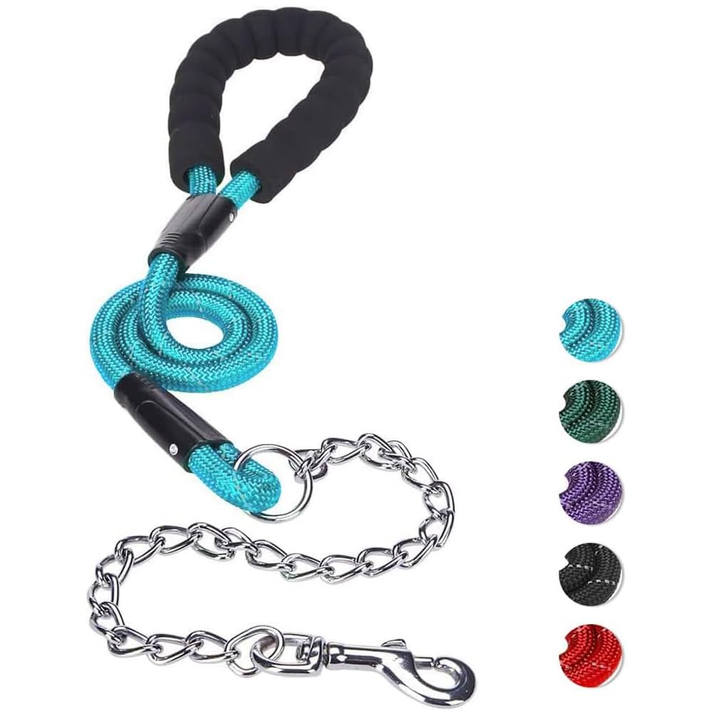 MIHACHI Anti Chew Dog Lead - Heavy Duty Rope Dog Leash with Anti-Bite Chain and Soft Padded Handle, No Tangle Strong Leash with Reflective Threads Blue — image 1