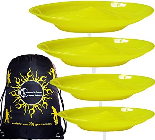 4x Spinning Plate Set (Yellow) CLASSIC Circus Spinning Plates + 2-Piece Plastic Sticks + Flames N Games Travel Bag! Great fun for Kids & Adults.