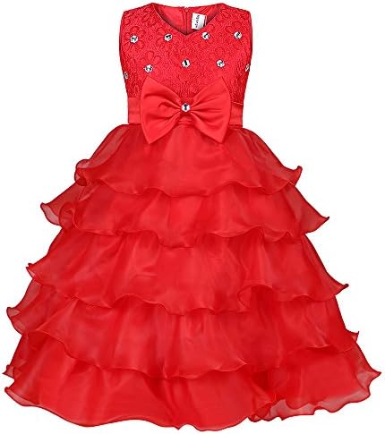 Mignongirl Girl Dress Pretty Flower Ruffles Laces Gown Party Wedding Dresses (4T, Red)