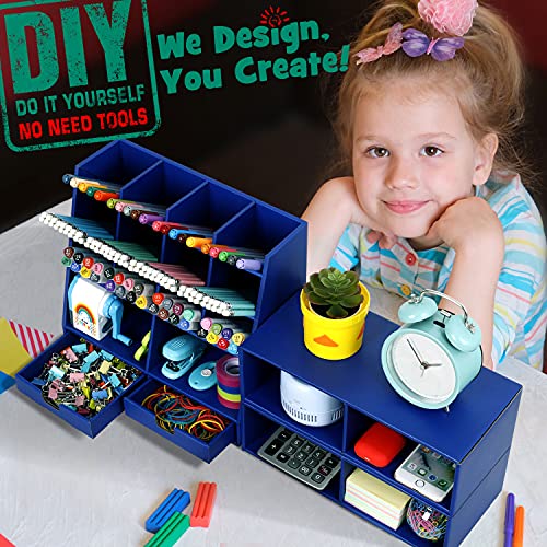 Desk Organizer and Accessories with 4 Drawers & 16 Compartments Twice Capacity - Art Supply Organizer for Home, School, Office Supplies, FSC Certified Cardboard, DIY Project, Easy Assembly, Blue