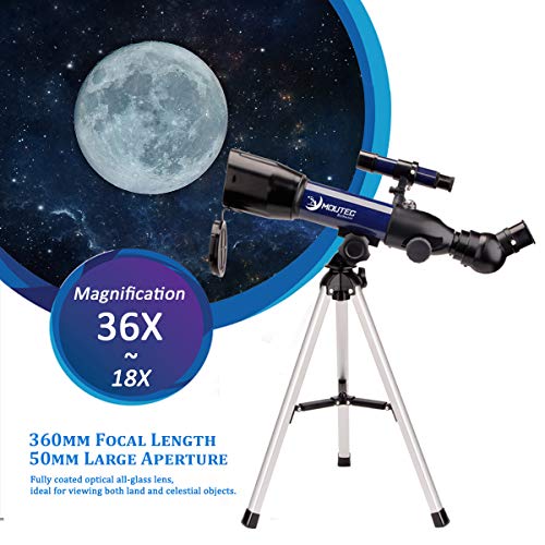 MOUTEC Real Scientific Telescope for Kids Astronomy Beginners to Explore Space, Dual-Purpose 50mm Travel Scope with Tabletop Tripod Moon Star Maps-Great Birthday & Holiday Educational Gift for Child - Thumbnail 2