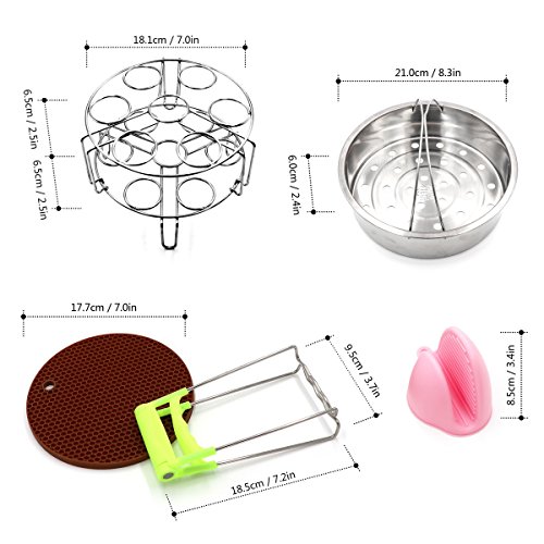 Steamer Basket Rack Set for Instant Pot Accessories - Include Steam Basket, 2-Pack Stackable Egg Steam Stand, Plate Gripper, Silicone Potholder Mat, Pair of Mini Mitts for Pressure Cooker Accessories
