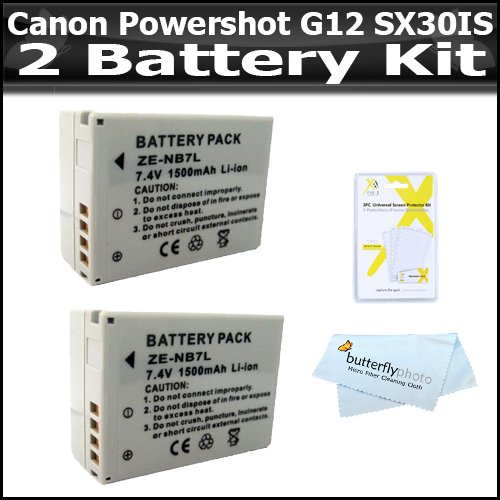 2 Pack Battery Kit For The Canon Powershot G12, SX30IS SX30 IS Digital Camera Includes 2 Extended Replacement NB-7l (1500 mAH) Battery + LCD Screen Protectors + MicroFiber Cleaning Cloth