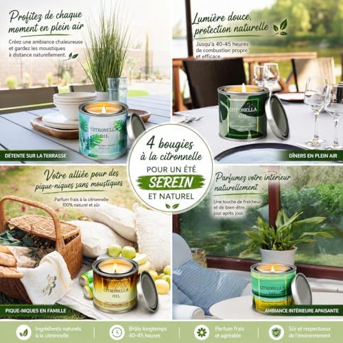 Bougies à la Citronnelle Dans des Boîtes de Bougies en cire pour Barbecue Camping Voyages Vacances Patio Intérieur Jardin Cuisine 4 Pièces