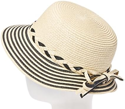 Stripped Summer Straw Cloche w/Braided Headband, Bucket Hat for Ponytail UPF 50 (Black)