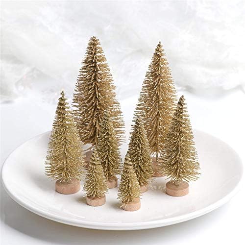 Voilamrt Mini Christmas Sisal Trees 6 PCS 5 Inch Bottle Brush Trees with Wood Base Table top Decoration Snow Frosted Tree for Crafting, Displaying and Decoration, Gold