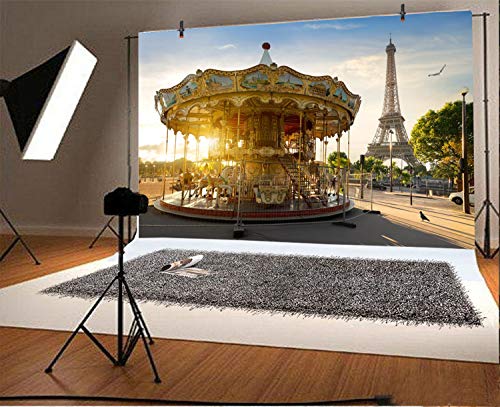 LFEEY 5x3ft Vinyl Eiffel Tower in Paris Backdrop Merry-go-Round Photography Background Holiday Travel in Park Holiday Party Backdrop Children Kids Adults Portraits Photo Studio Props