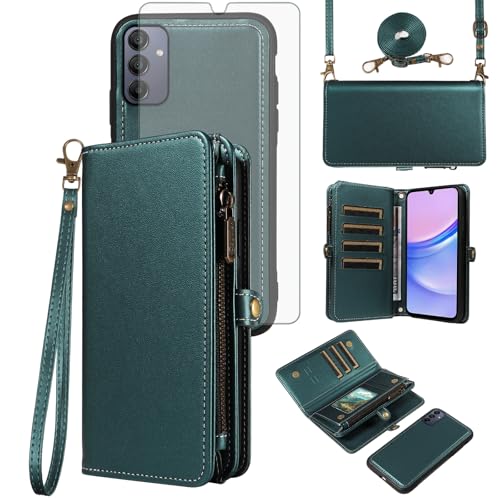 Asuwish Phone Case for Samsung Galaxy A15 5G/4G Zipper Wallet Detachable Cell Cover with Tempered Glass Screen Protector Crossbody Lanyard Strap Flip Card Holder Slot A 15 G5 15A Women Men Dark Green