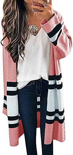 SUNMMWERY Womens Long Cardigans Yellow Color Block Open Front Long Sleeve Kint Cardigan Sweaters By (X-large, Pink)