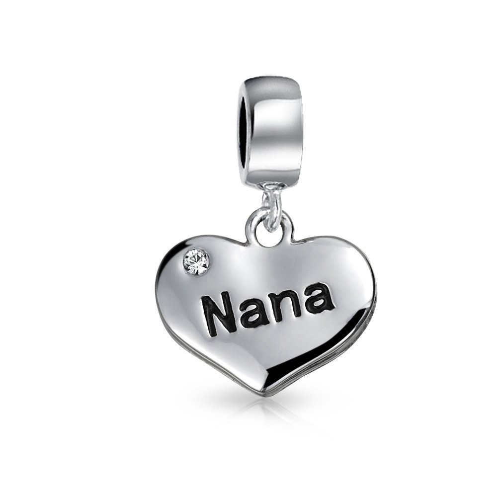 Bling Jewelry Engrave Word Nana Heart Dangle Bead Charm For Grandmother Crystal Accent Oxidized .925 Sterling Silver Fit European Bracelet