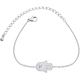 Stainless Steel Silver Rose Gold Link Chain Hand of Fatima Bracelet Anklet Hamsa Jewelry for Women-Silver