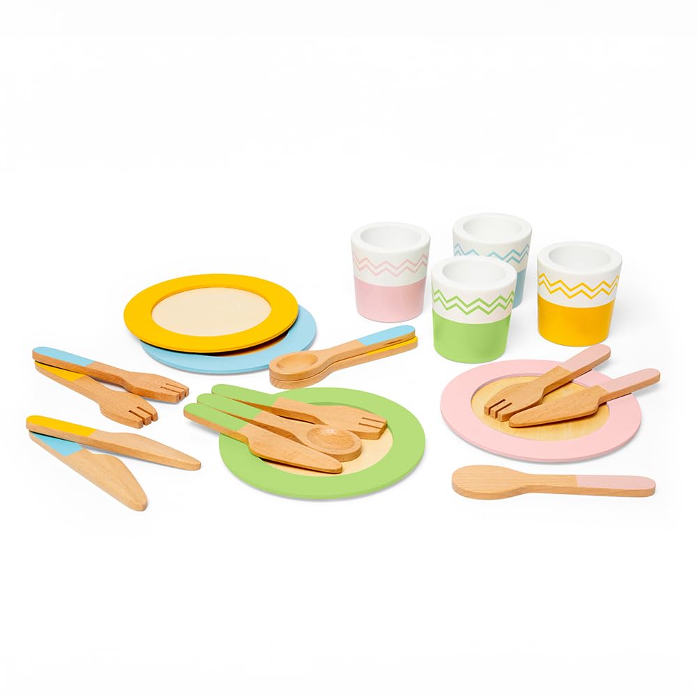 Bigjigs Toys Dinner Service Set - 20 Piece Wooden Dinnertime Playset, Kids Toy Kitchen Accessories, Food Role Play, Sustainable Gifts & Playsets For Children, Age 18 Months Old +