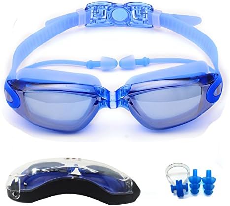 Adults Swim Goggles with Earplugs, Waterproof , Anti-fog And UV Shield Function For Adults, Men, Women, Kids (Blue, Mirrored)