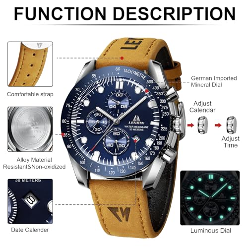 LN LENQIN Mens Watches Leather Watch Analog Quartz Watches for Men 30M Waterproof Men's Wrist Watches Luminous Luxury Fashion Business Casual Watch with Date (Brown Blue)
