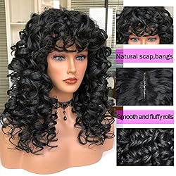 ANNIVIA Curly Wig with Bangs for Black Women Black