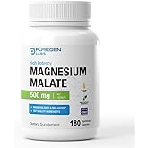 Puregen Labs Magnesium Malate 500mg | High Potency Elemental Magnesium | 180 Veggie Caps, Superior Absorption, Non-GMO, NO Gluten and Dairy, Gentle on Stomach