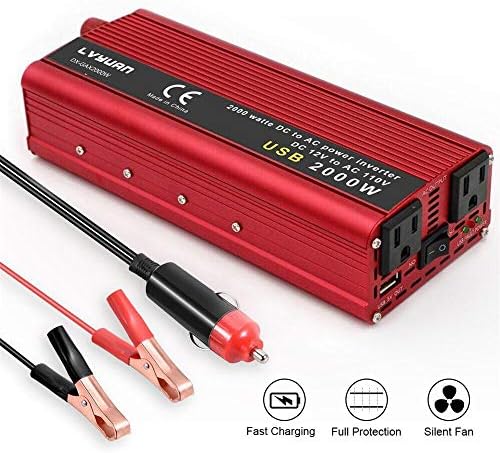 IpowerBingo Car Vehicle Solar Power Inverter for Home Car RV with 2 AC Outlets Power Converter 12V DC to 110V AC Inverter (1000W/2000W)
