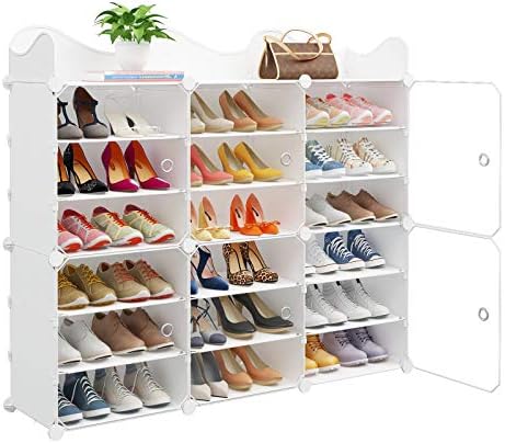 Maginels ポータブルシューズラック 36足 Diyシューズ収納棚オーガナイザー 玄関用プラスチックシューズオーガナイザー 透明ドア付きシューズキャビネット ホワイト