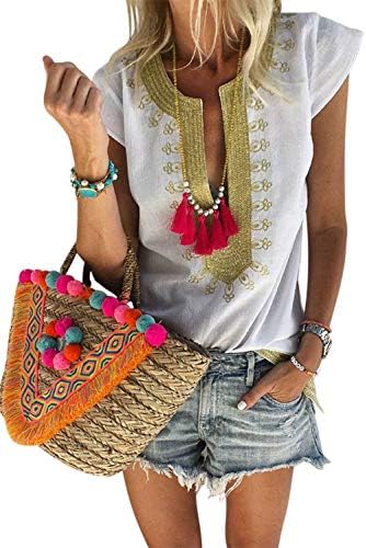 Womens Casual V Neck Shirt Boho Print Short Sleeve Tops Loose Blouse (S-XXL)