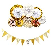 RFWIN Hanging Tissue Paper Fans Decoration Kit, Set of 8 Gold Paper Pennant Banner Triangle Flags, Perfect for Kids Party Birthday, Bridal Wedding, Baby Shower Decor, Holiday Celebration