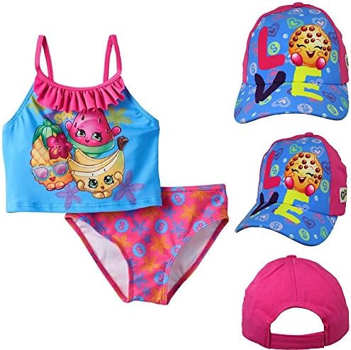 SHOPKINS GIRLS' TANKINI SWIMSUIT & Shopkins Girls Pink Love Baseball Cap BUNDLE In Pink/Blue/Multi