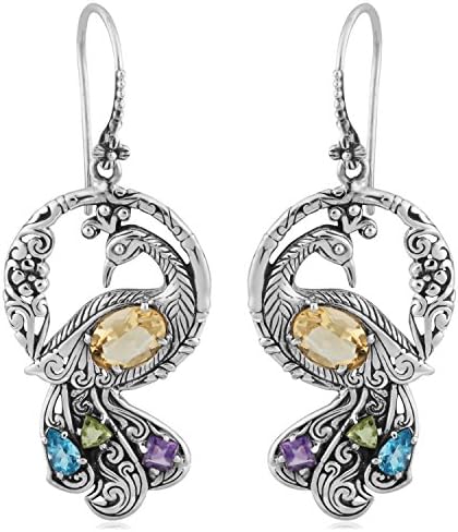 Artisanica Sterling Silver Citrine Multi-Stone Dancing Peacock Earrings