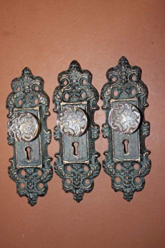 Set of 6 Skeleton Keyhole Design Cabinet Pull, Patterned Glass Knob Bronze-Look cast Iron Backplate, Center Space 5 1/4 inch, Back Plate 7 3/8 inches, HW-63