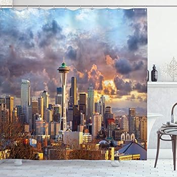 Ambesonne USA Shower Curtain, Seattle Skyline at Sunset WA United States Beams Through Dramatic Cloudscape Scenery, Cloth Fabric Bathroom Decor Set with Hooks, 70