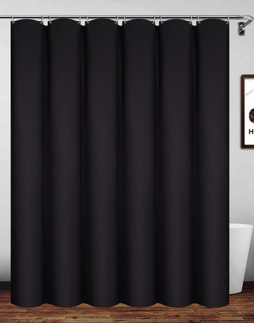 Homehold Shower Curtain 180 x 180 cm Black Polyester Waterproof Shower Curtain with Hooks