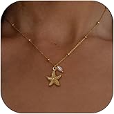 Ewrkbr Gold Necklace for Women,14K Gold Plated Shell Starfish Beach Necklaces Cute Boho Pendant Necklace Fashion Summer Waterproof Pearl Jewelry for Women