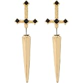 Gothic Dagger Sword Earrings for Women Men Punk Cool Cross Long Black Crystal Cubic Zirconia Knife Gold Silver Plated Vintage Screw Stud Earrings for Halloween Party Cosplay Hip Hop Fashion Jewelry Gifts