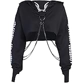 TSMNZMU Womens Gothic Cropped Hoodie Long Sleeve Punk Grunge Skull Print Sweatshirt Emo Alt Mall Goth Tops with Iron Chain