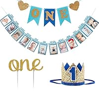 1st Birthday Boy Decorations Crown - Baby Boy First Birthday Decorations High Chair Banner ONE Banner, No.1 Crown, Glitter Cake Topper，Baby Photo Banner