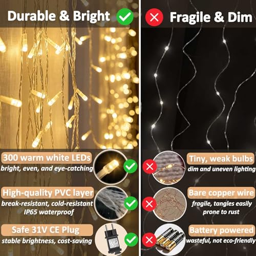 Cozymeow 600 LED 6 x 3 m Outdoor Waterfall Lights with Timer, 8 Waterproof Modes, Connectable Lights for Garden, Wedding, Gazebo, Parties, Balcony – Warm White