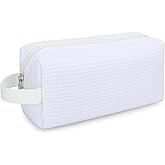JINSI Small Makeup Bag for Women, Cute Waffle Travel Cosmetic Organizer Case with Handle, Portable Zipper Pouch for Make up Brushes and Toiletries White